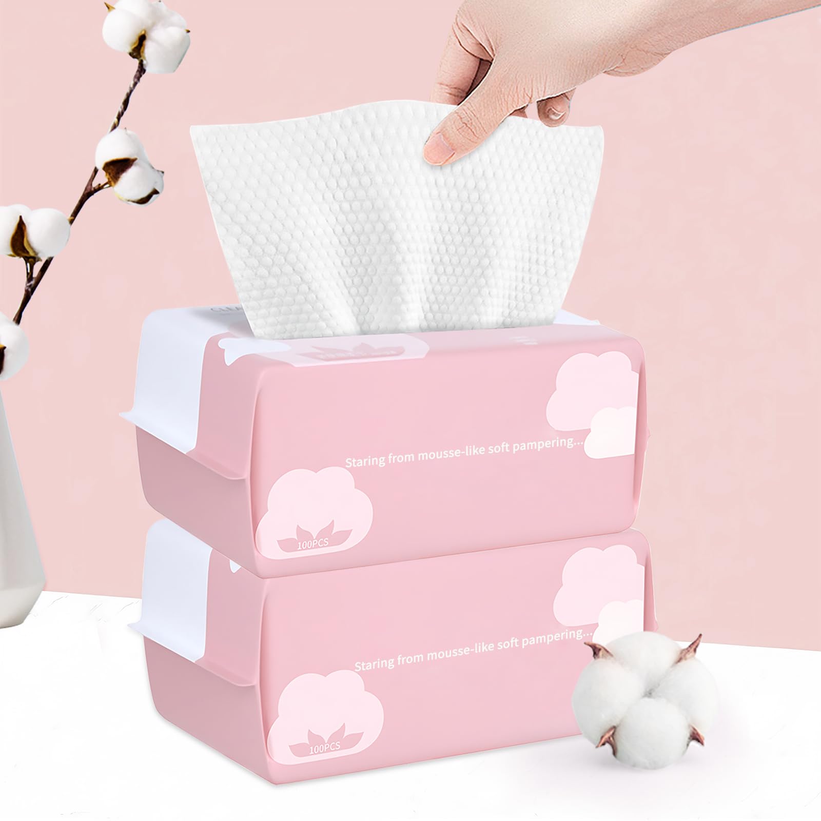 Disposable Cotton Face Towels for Washing - 100 Count Extra Soft & Thick Clean Cloths, Dry Wipes for Facial Cleansing (2 Pack)