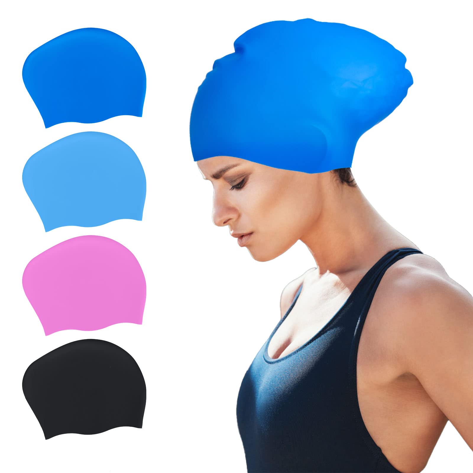 SUSNUAN Swimming Cap for Women Men, Large Swimming Cap for Women Silicone Swimming Hat for Long Hair, Adult Swimming Hat Swim Cap Dark Blue, 21*26CM