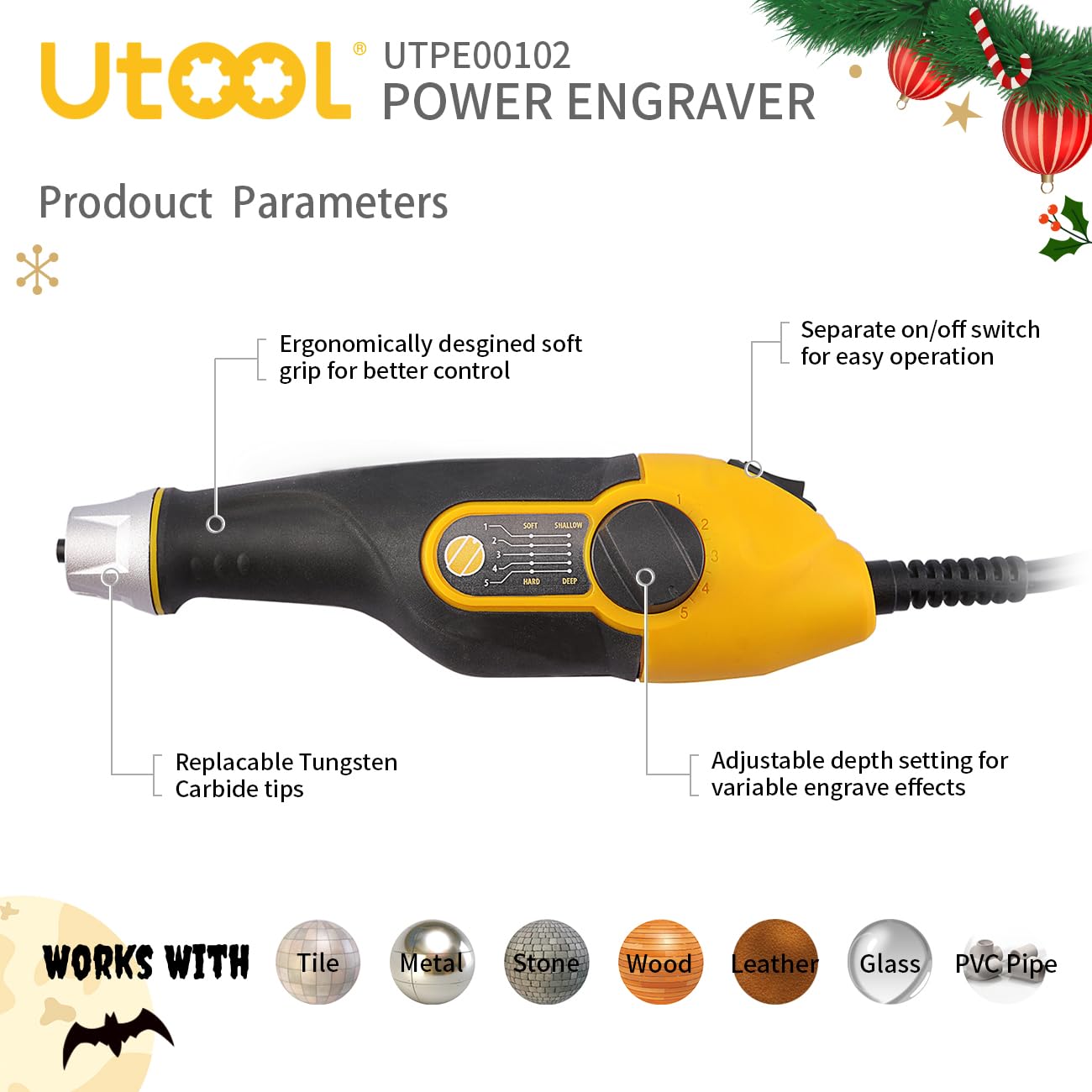 UTOOL Engraving Pen with Letter/Number Stencil, 24 W Handheld Etching Tool for Wood, Metal, Glass, Engraving with 4 Interchangeable Tungsten Carbide Steel Bits Includes Halloween Stencil Christmas