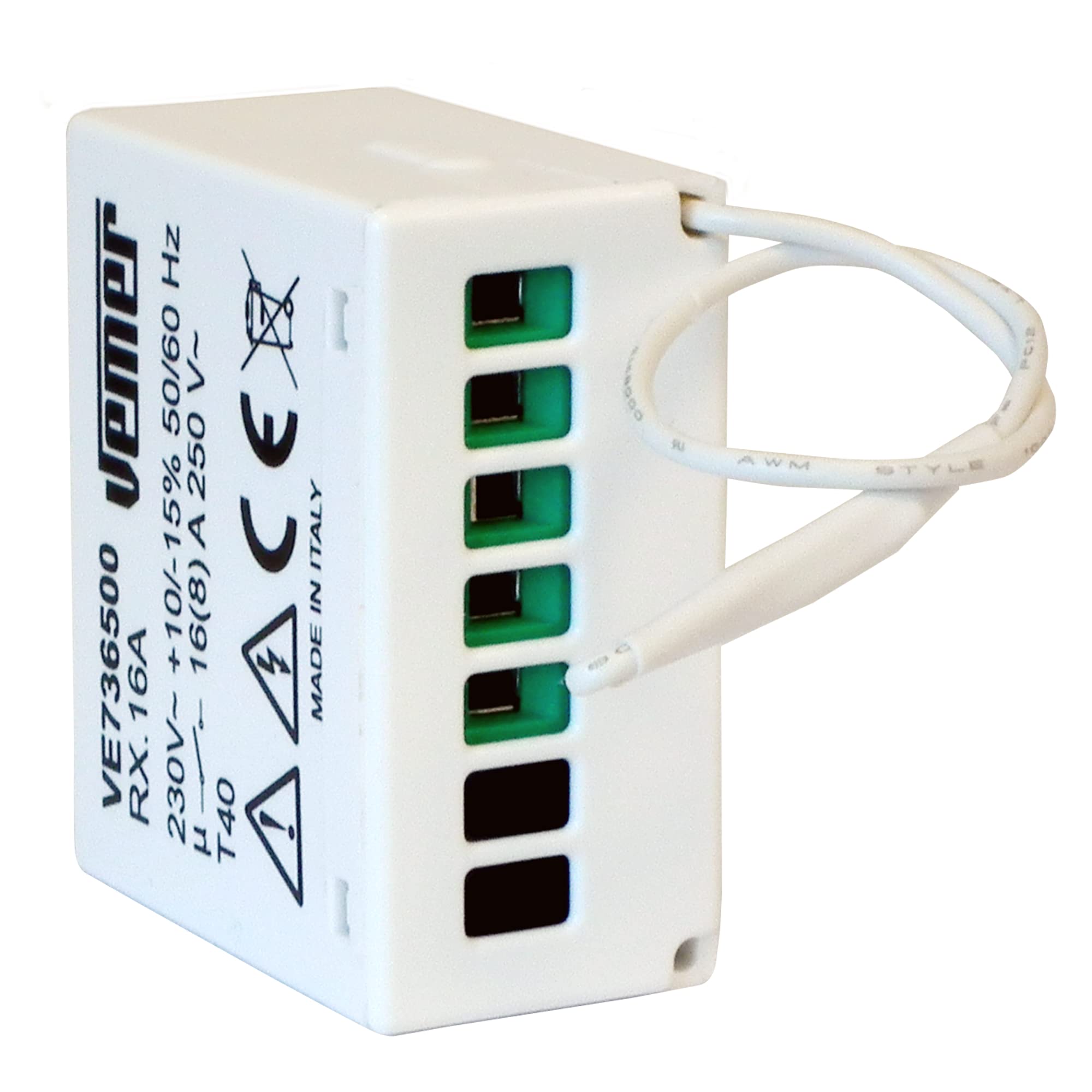 VEMER VE736500 model RX.16A Radiofrequency remote actuator with an output relay 16A. Installation into flush-mounting boxes. Color white