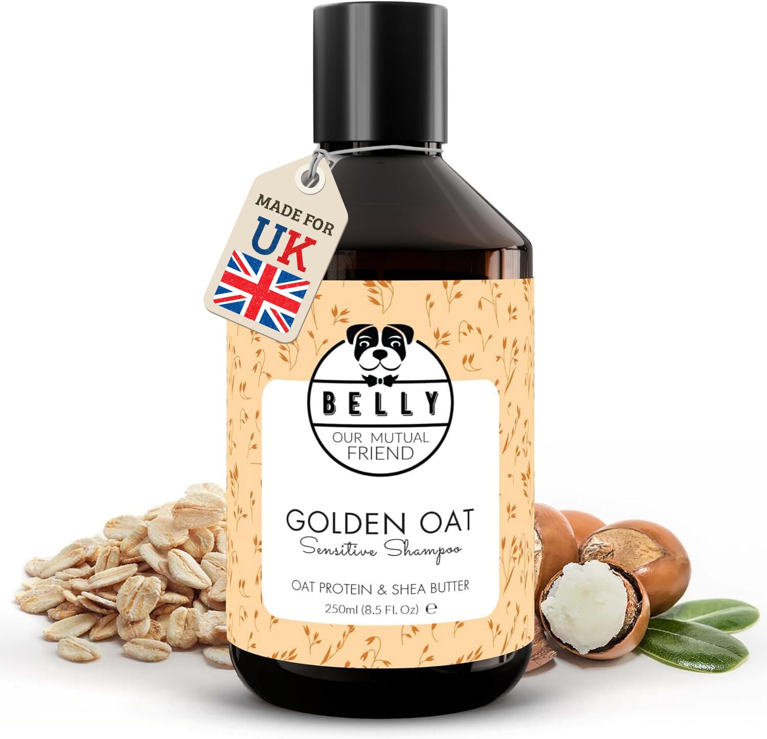 Belly Golden Oat & Shea Butter Sensitive Skin Dog Shampoo - 250ml - Hydrating and Natural Cleansing - Organic Dog Shampoo: Anti-Itch, Anti-Odor, Long Hair, White Coats - Light Scent