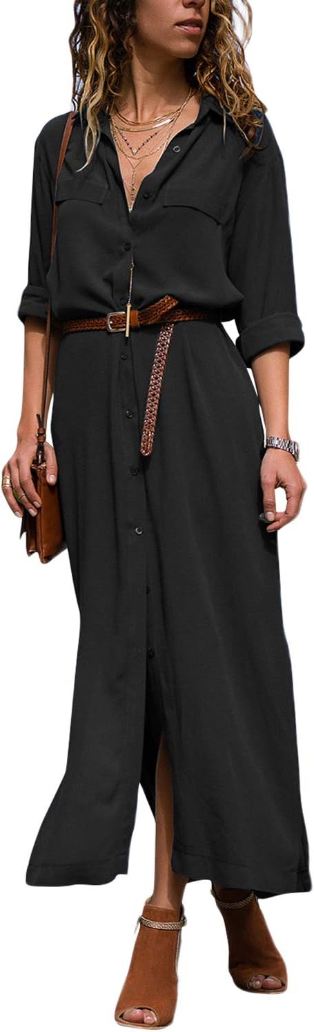 Luyeess Women's Casual Button-Down Collar Roll Up Sleeve Long Slit Shirt Dress Black Size XL