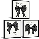 WELMECO Bow Wall Decor Girls Positive Inspirational Framed Wall Art Set, Bow Painting Picture Art Print Teen Bedroom Bathroom Decor, Black Frame, 12x12inchx3 Pieces Ready to Hang (Black)