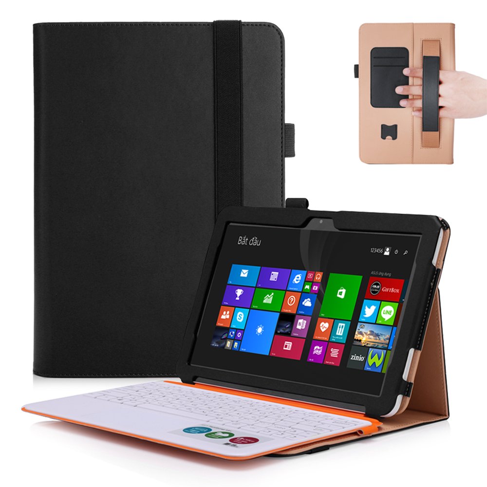 Jasilon ASUS Transformer Mini T102HA Case-Premium PU Leather Case with [Hand Strap] [Card Slots] Smart Cover Stand Case for ASUS 10.1" Transformer Mini T102HA-D4 -GR 2 in 1 Touchscreen Laptop-Black