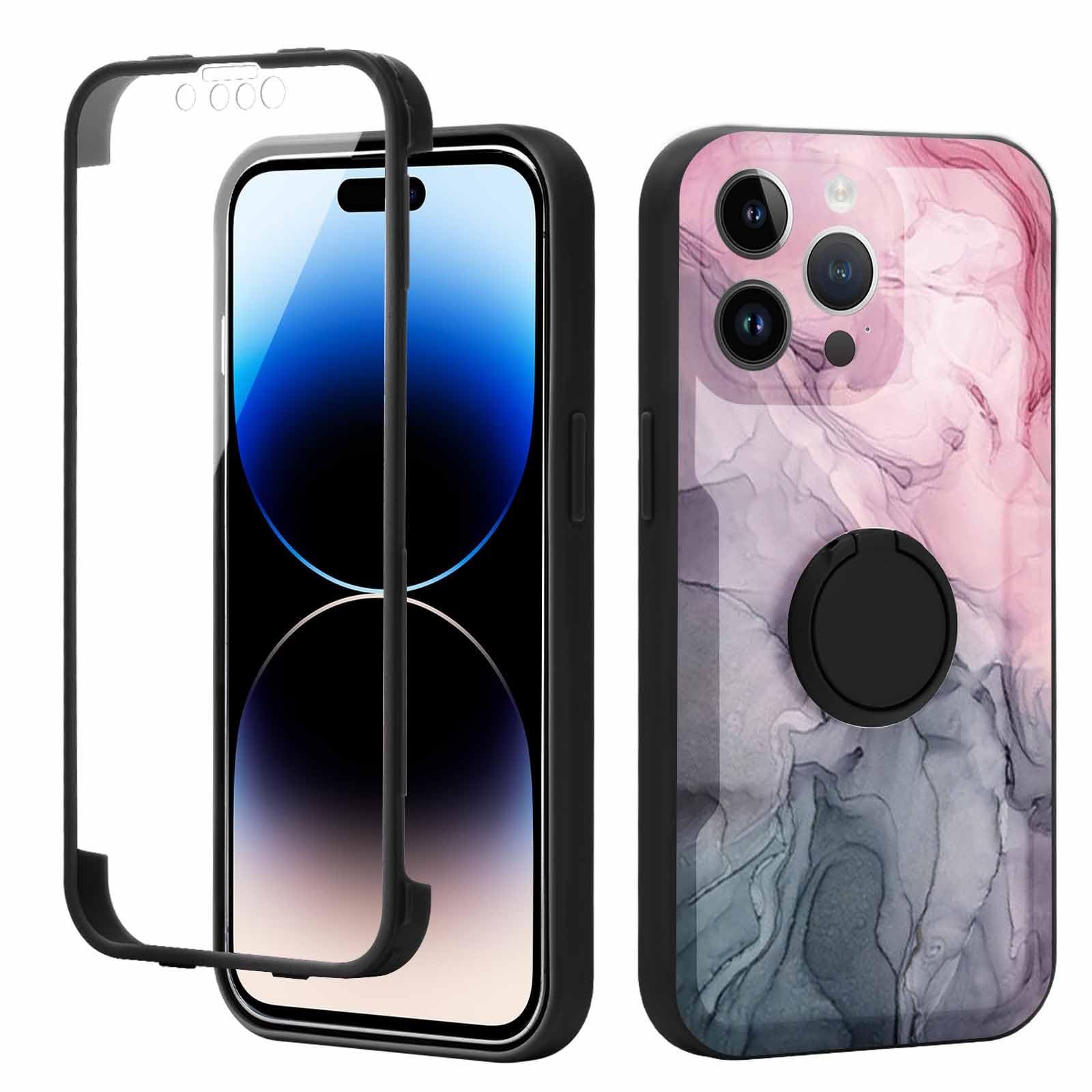 Yoedge Kickstand Phone Case for iPhone 15 Pro 6.1", 360°Rotatable Magnetic Ring Holder Cases,Full Body Shockproof Silicone TPU Back Cover with Built-in Screen Protector, Grey Marble