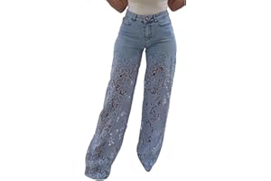 Women’s Lace Jeans High Waisted Wide Leg Denim Pants, Floral Lace Legs Patchwork Baggy Jeans, Dressy Going Streetwear