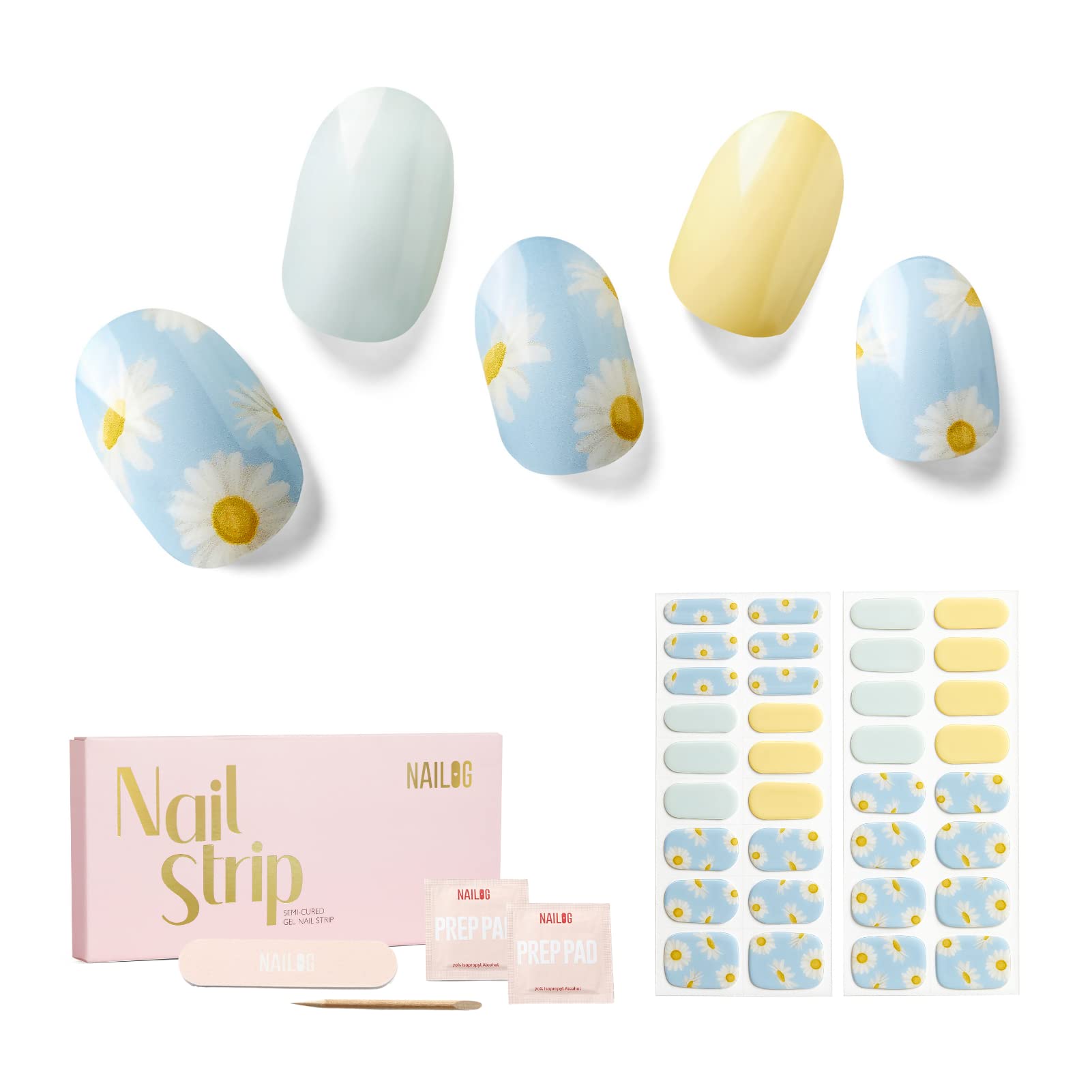 NAILOG Semi Cured Gel Nail Strips, 34 pcs Salon-Quality Gel Nail Stickers, Long Lasting Nail Wraps for Women with Soft Gel Finish, Daisy