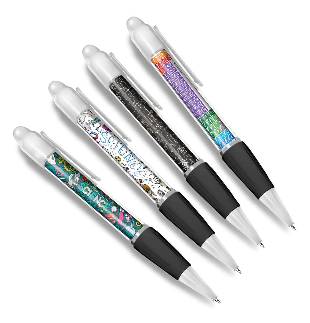 DV DESIGN Set of 4 Science White Ballpoint Pens - Periodic Table Chemistry Biology Physics Teacher Themed Boys Girls Men Women Pen #79593