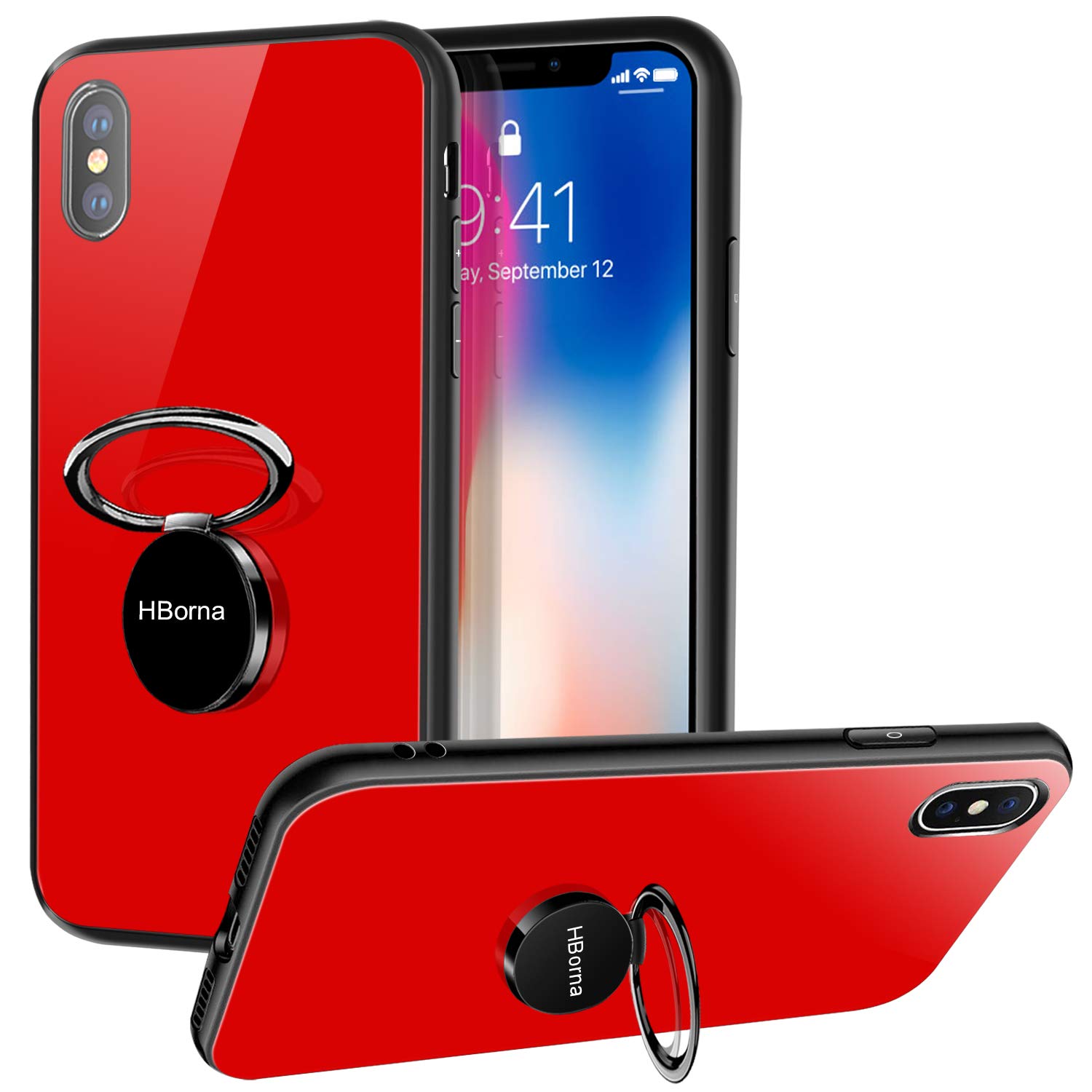 Coque iPhone X, Coque iPhone 10 avec Béquille Porte-Anneau, 9H Couverture Arrière en Verre trempé et TPU Bupmer Anti-Scratch Housse pour iPhone X (Rouge)