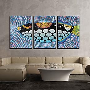 3 Piece Canvas Wall Art - Clown Triggerfish Original Acrylic Painting on Canvas - Modern Home Art Stretched and Framed Ready to Hang - 16"x24"x3 Panels