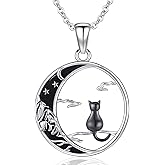 Odinstone Cat Necklace, S925 Sterling Silver Cat on Moon Pendant with Cubic Zirconia, Cat Jewelry Mothers Day Gifts for Mum with Gift Package - I Love You Forever