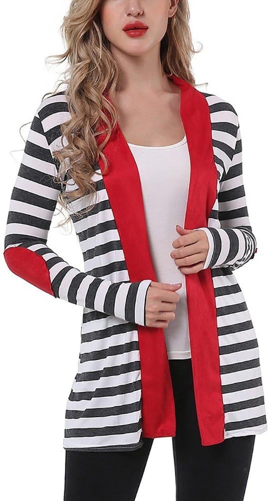 Myobe Women's Black White Elbow Patch Shawl Collar Summer Striped Open Front Cardigan Sweaters Coat Outwear … (RED, S)