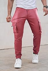 GINGTTO Mens Red Faux Leather Cargo Pants Slim Fit