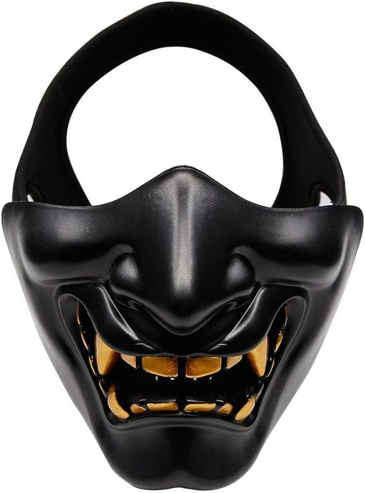 JYKOO Halloween Costume Cosplay - Cs Game Camouflage Mask - BB Evil Demon Monk Kabuki Samurai Hanya Oni Half Cover Mask,Two Sizes: Head Circumference (M: 57-59Cm, L: 60-62Cm),Gold,L [Energy Class A]