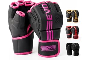 EVO Fitness Matte Black MMA Gloves Martial Arts Mitts Grappling Sparring Men Muay Thai Cage Fighting Boxing Combat Sports Fingerless Women Pink Kickboxing UFC Punching Bag Training