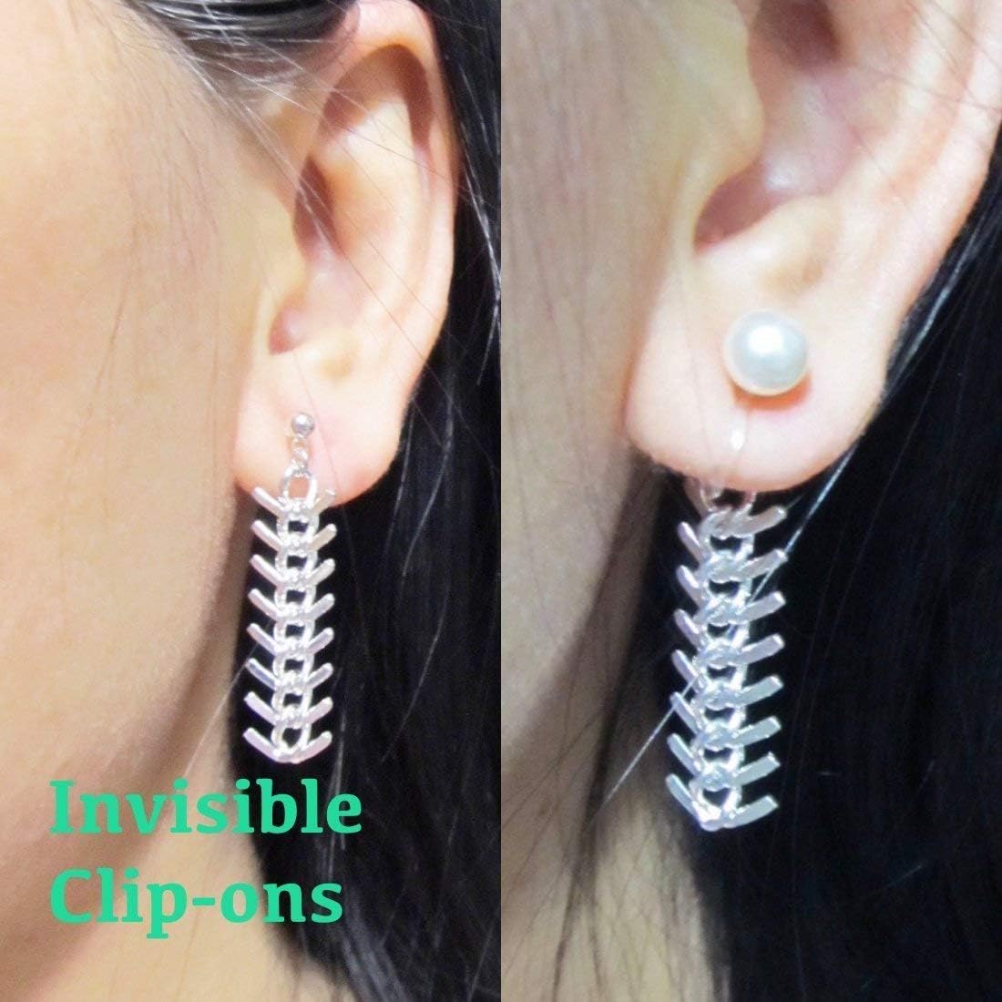 Double Sided Pearl Silver Toned Fishbone Non Pierced Ear Jackets Dangle Long Invisible Clip on Earrings
