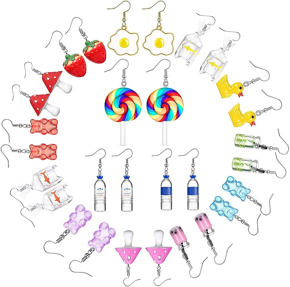15 Pairs Cute Earrings Weird Earrings Funny Goldfish Earrings Water Bottle Earrings Milk Tea