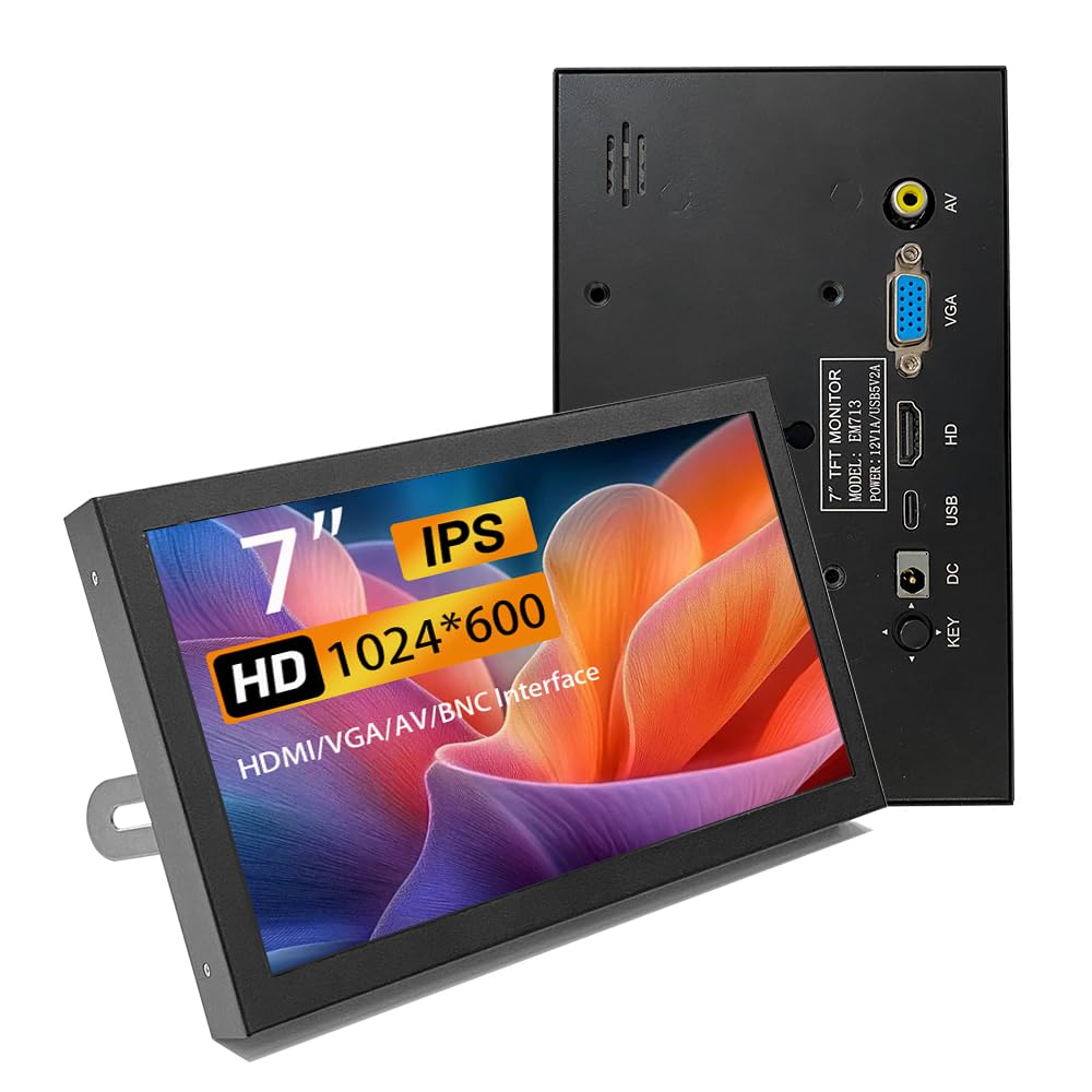Photo 1 of 7 Inch Mini Monitor HDMI, Portable Vga Monitor with AV BNC 1024×600 LCD Screen with Built-in Speakers,IPS Multi-Function Small Display for Raspberry Pi PC/TV/DVD/CVBS