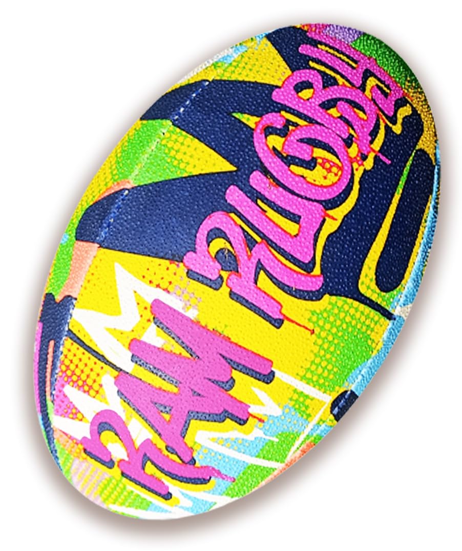 Ram Rugby Fun Graffiti Squad Trainer Rugby Ball - Available in Sizes 5, 4, 3, & 1 (Mini) - For Kids & Adults - Club Quality Training Rugby Ball - 3-D Grip – Great