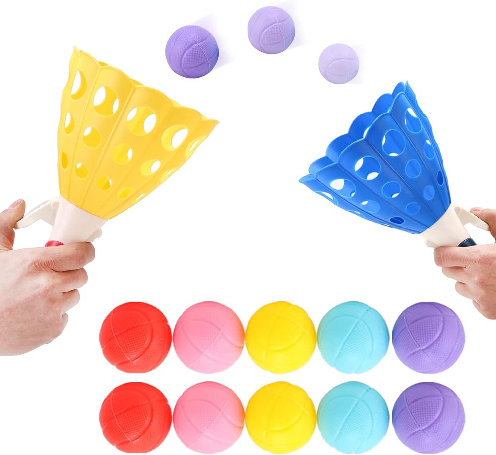 Lbsel Kids Ball Toss Catch Game Set w/ 2 Launchers, 10 Balls - Indoor/Outdoor