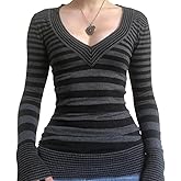 Y2K Striped Long Sleeve Slim Tops Color Block Square Collar Harajuku Tee Aesthetic Autumn Winter 90s Shirts