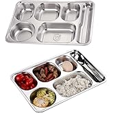 AIYoo 2 Pack Stainless Steel Divided Plates, Large 6 Sections Dinner Plates for Adults,Rectangular Serving Platter for Camping,Unbreakable Divided Portion Plates,Dishwasher Safe,Every Day Use