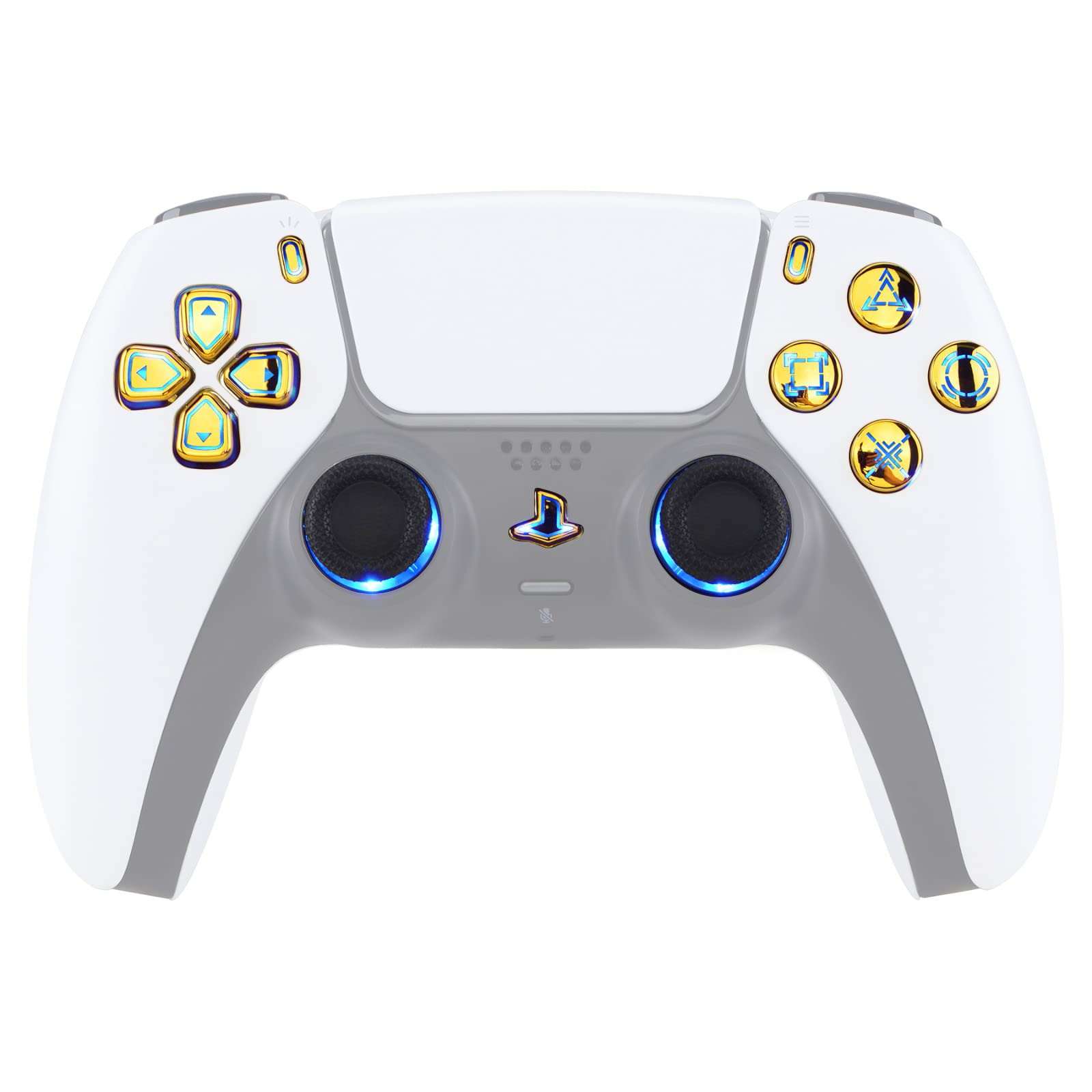 eXtremeRate Multi-Colors Luminated Dpad Thumbstick Share Home Face Buttons for PS5 Controller BDM-010 020 Models, Chrome Gold Classical Symbols Keys DTF V3 LED Kit for PS5 Controller - NO Controller