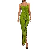 Floerns Women's Ruffle Ruched Cami Dress Draped Split Elegant Bodycon Maxi Dresses