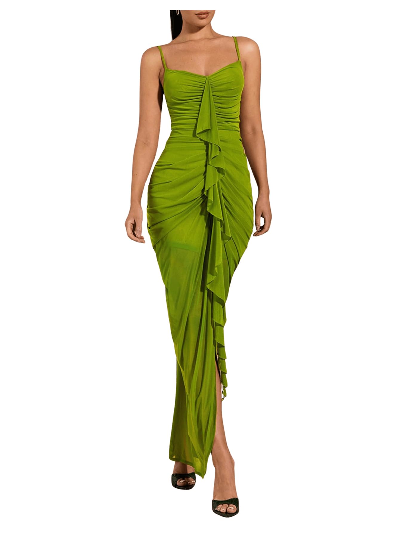 Photo 1 of Floerns Women's Ruffle Ruched Cami Dress Draped Split Elegant Bodycon Maxi Dresses Green Small