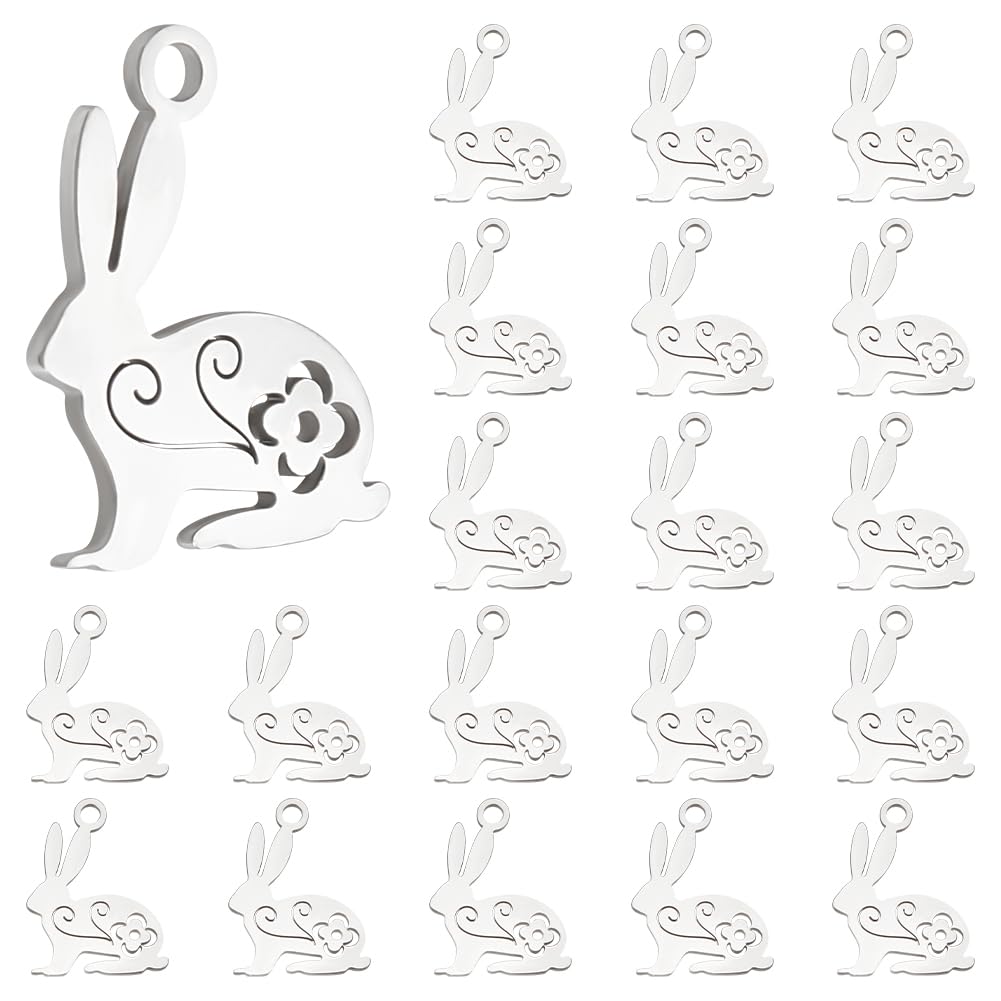 HOBBIESAY 20Pcs 201 Stainless Steel Charms 16x12mm Bunny Charms Rabbit Charms Animal Easter Bunny Pendants for Easter Necklace Brecelet Earring Making, Hole: 1.5mm