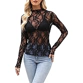 Vodi Mosa Womens Mesh Long Sleeve Tops Floral Lace Sheer Blouse See Through Tee Shirts Mock Neck Layering Top