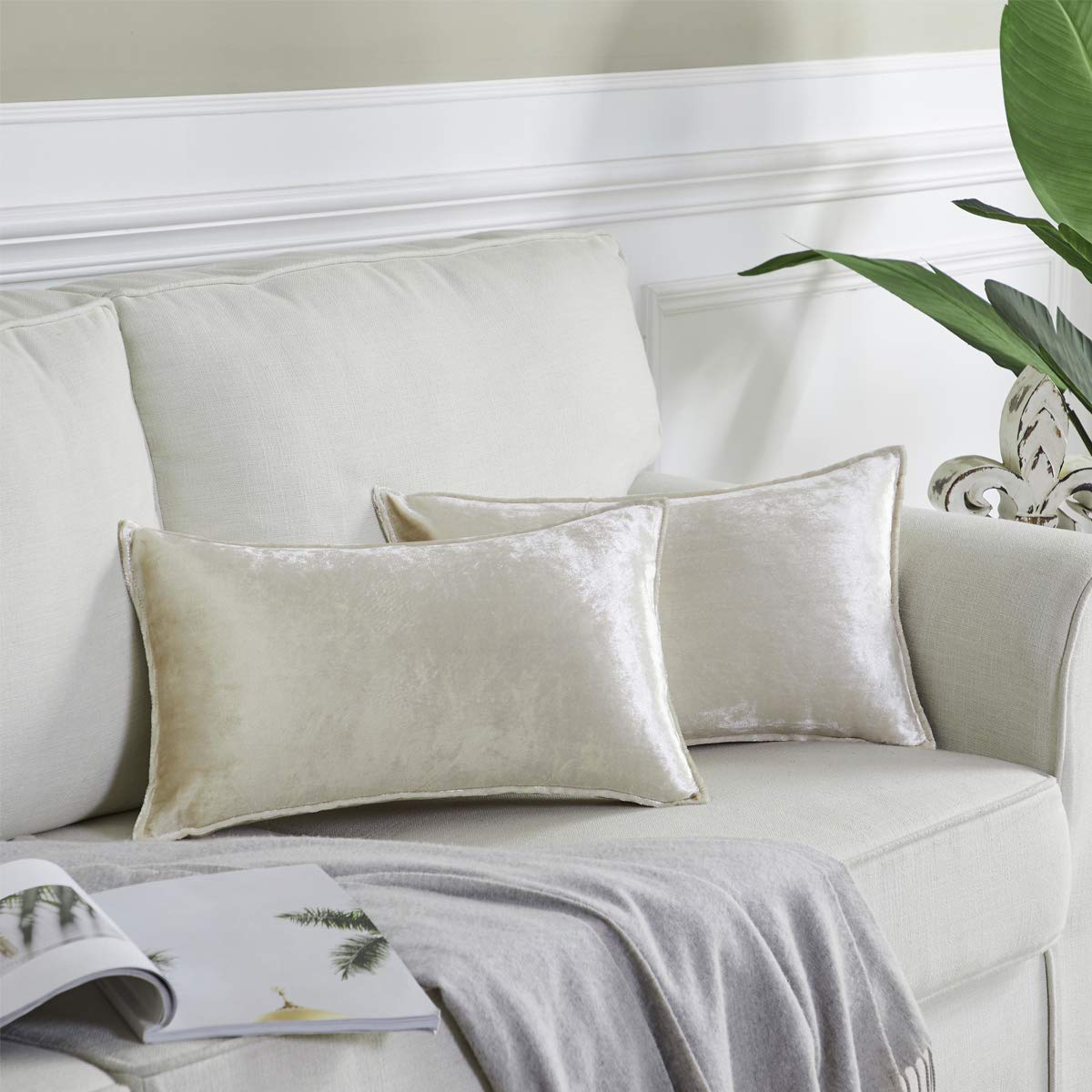 OMMATO Velvet Cushion Covers 12x20 inch Square Cream Decorative Throw Pillow Covers for Couch Sofa Living Room 30cm x 50cm 2 Pack