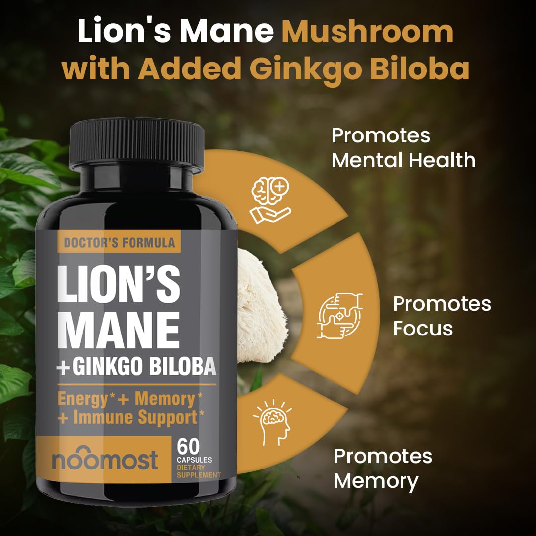 NooMost Lions Mane Supplement Organic Capsules - with Ginkgo Biloba - Cognitive Health, Focus & Memory Support - Natural Superfood for Brain, Energy & Immune Health - 60 Capsules - 2 Month Supply
