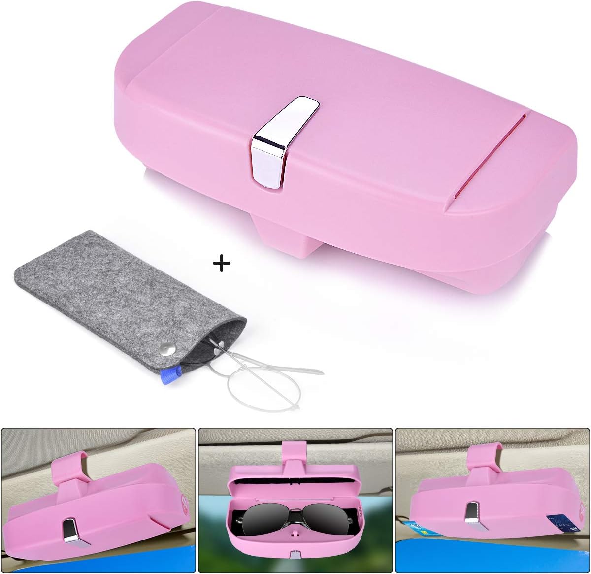 extremade Glasses Holder for Car Sun Visor, Universal Car Sunglasses Eyeglasses Case Storage Box Organizer With Card Holder + Glasses Storage Bag, Car Glasses Holders - Pink