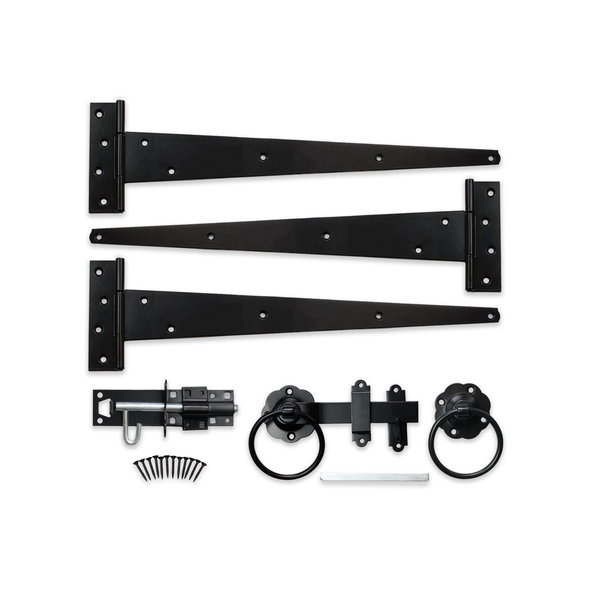Infinity Decor Epoxy Black 18" Tee Hinges (3) with Plain Ring Gate Latch and Brenton Bolt Pack – Wooden Garden Gate Fitting Kit for Outdoor Barn, Shed Doors
