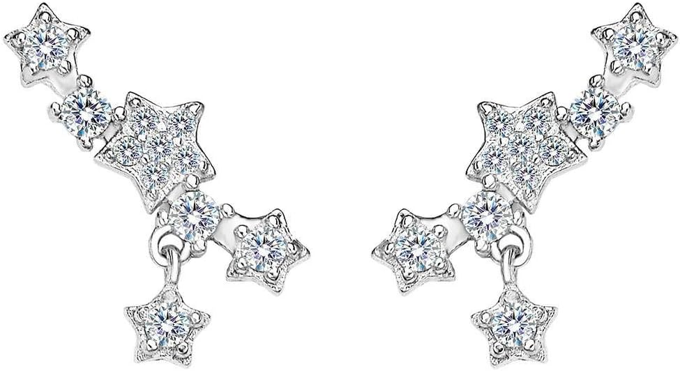 Women's 925 Sterling Silver Wedding Bridal Cubic Zirconia Zodiac Star Crawler Earrings Clear