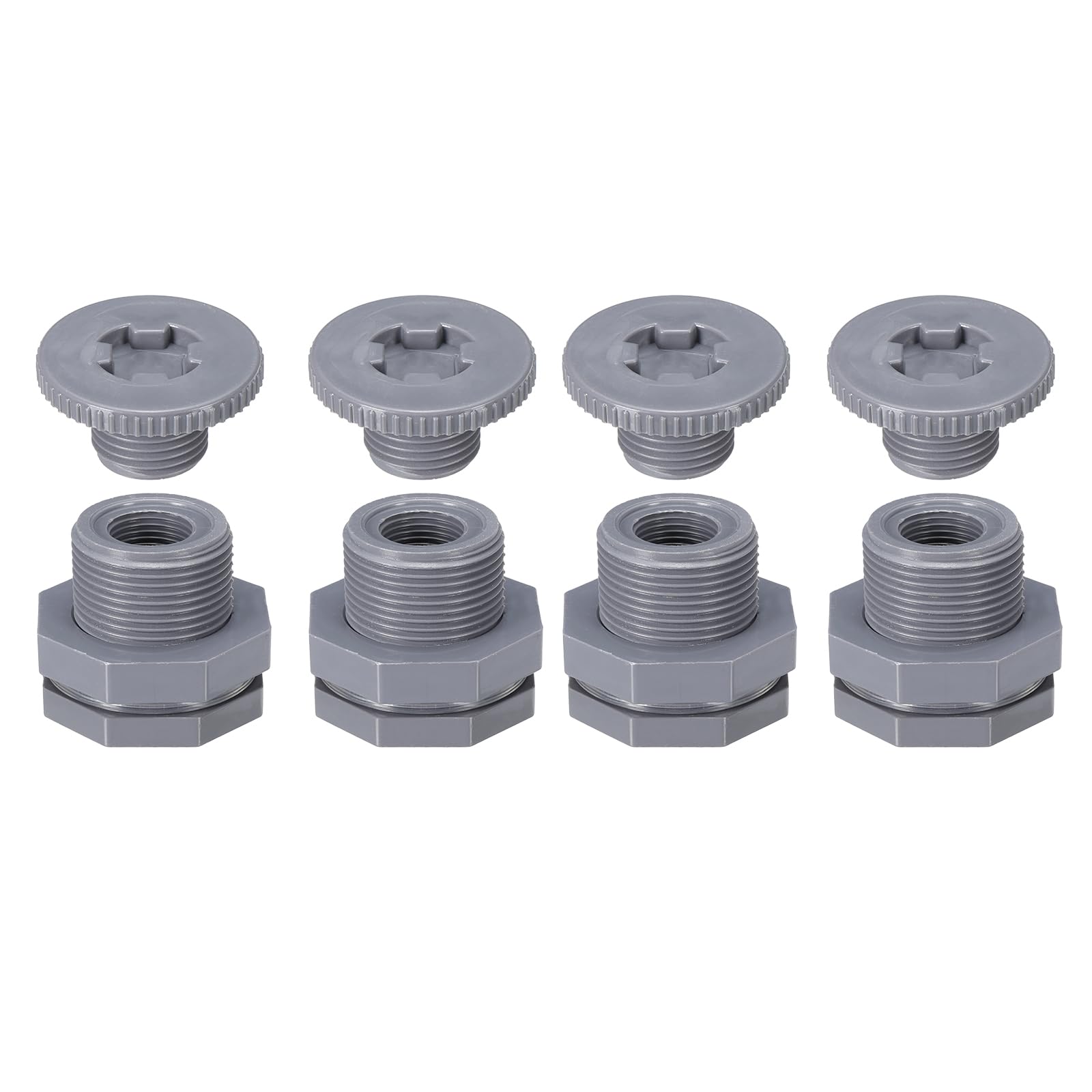 PATIKIL PVC Bulkhead Fitting with Plug NPT1/2, 4 Pack Bulkhead Water Tank Connector with Silicone Seal Gasket Garden Hose Fitting with Plug for Rain Bucket, Sinks, Aquariums, Gray