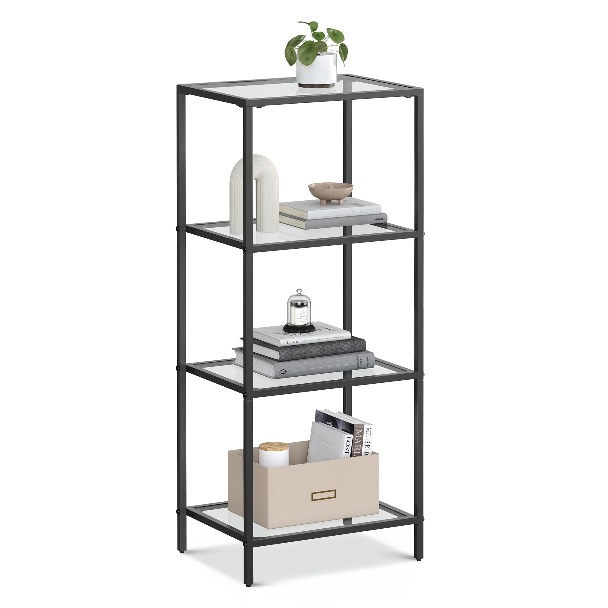 VASAGLE Bookcase, 4-Tier Bookshelf, Slim Shelving Unit for Bedroom, Bathroom, Home Office, Tempered Glass, Steel Frame, Ink Black ULGT028B61 Image VASAGLE Bookcase, 4-Tier Bookshelf, Slim Shelving Unit for Bedroom, Bathroom, Home Office, Tempered Glass, Steel Frame, Ink Black ULGT028B61 Image