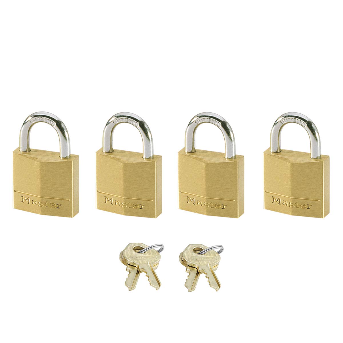 Master Lock Small Padlocks (Key) (Keyed Alike) 120EURQNOP - Best Used for Backpacks, Luggage, Computer Bags, Locker, Gym and More, Gold, 3,4 cm x 2 cm x 1 cm, (Family Pack of 4)