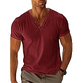 Runcati Mens Casual T Shirts Short Sleeve V Neck Linen Henley Shirt Button Basic Fashion Summer Beach Tee Tops