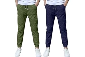 2 Pack Boys Linen Pants Summer Casual Pants Drawstring Jogger Trousers Lightweight Athletic Pant School Uniform Pants