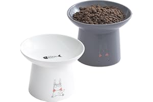 TAMAYKIM 6.5 Inch Extra Wide Raised Ceramic Cat Bowls, Food & Water Bowls for Elder Big Cats and Small Dogs, Elevated Sturdy Base Pet Feeder Dish, Stress Free, Protect Cat's Spine, White & Grey