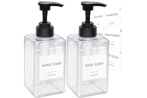 LEWISTIN Clear Soap Dispenser with Waterproof Labels, Thickened Plastic Hand Soap Dispenser for Bathroom, Kitchen Dish Washing Liquid Bottles, Shampoo and Conditioner Bottles with Funnel (15oz 2Pack Clear)
