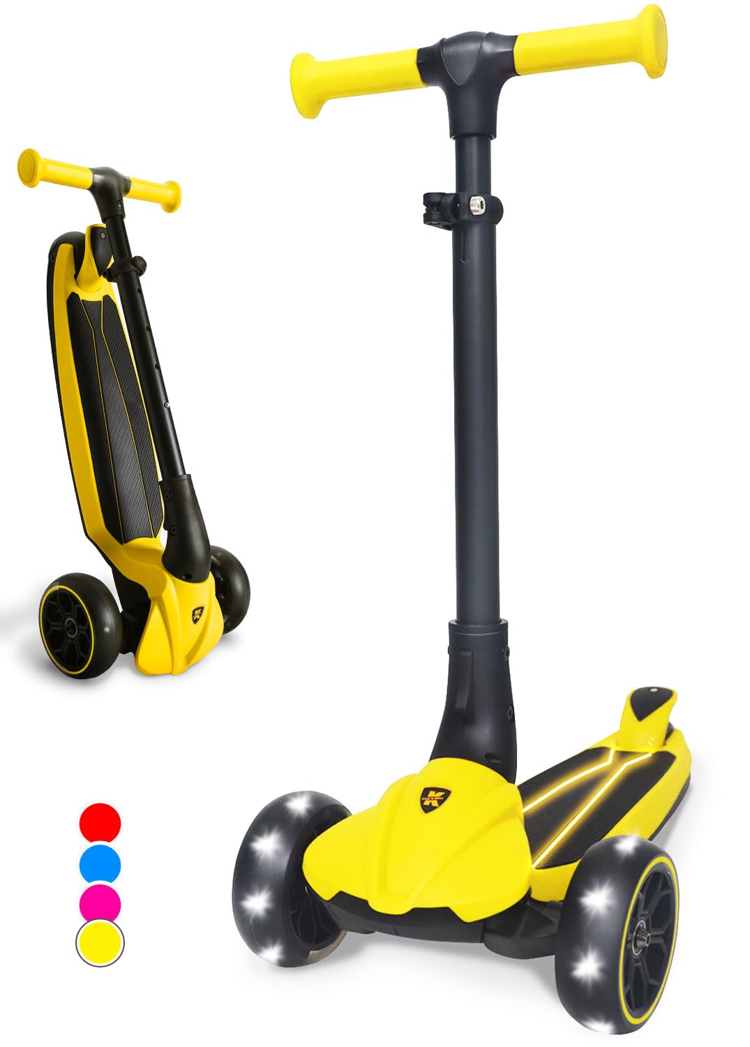 Kicknroll Kick Scooter for Kids Ages 3-8 - Big Wheel Foldable Scooter Light-Up Wheels & LED Deck, 4-Height Adjustable, Kick n Roll for Boys and Girls 3 Year Old and Up
