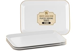 R-KAY 3 Pack Plastic Serving Trays for Party - White and Gold Serving Tray 8 by 11 in - Heavy Duty Dessert Trays for Food - Rectangular Party Serving Trays - Premium Party Trays - Gold Platters