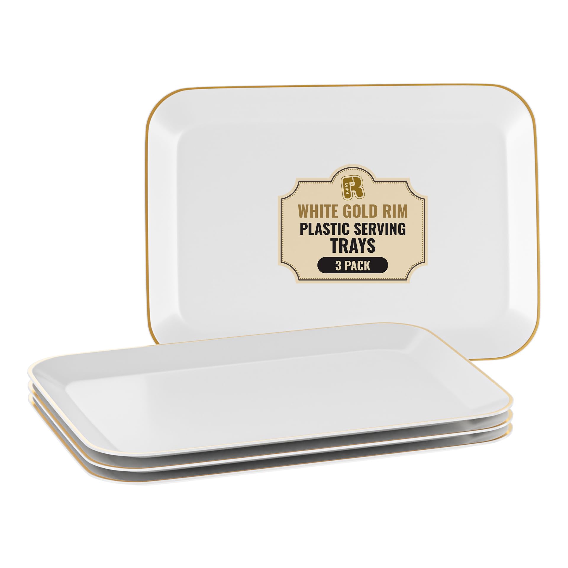 Photo 1 of 3 Pack Plastic Serving Trays for Party - White and Gold Serving Tray 8 by 11 in - Heavy Duty Dessert Trays for Food - Rectangular Party Serving Trays, Gold Platters