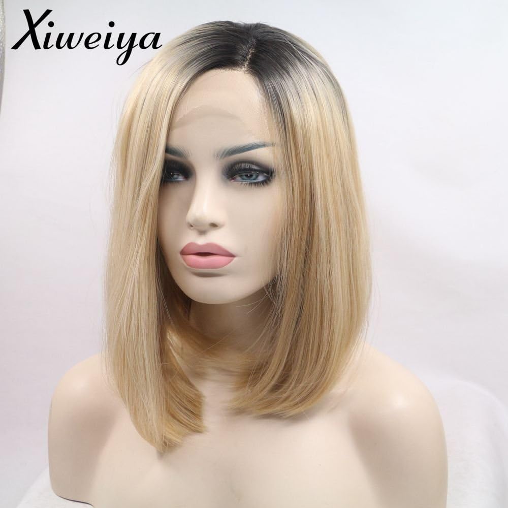Xiweiya Matte Blonde Wig With Black Roots Short Bob Hair Side Wear Synthetic Lace Front Wig Heat Resistant Gold Hair Hand Tied Replacement Full Wig For Women Cosplay Daily Wear 14 Inched - Image 4