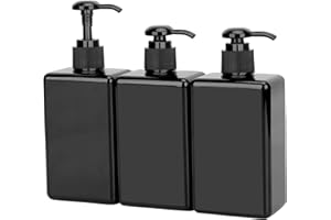 Suream Empty Shampoo Bottles with Pump, 3Pack 9.5oz/280ml Refillable Body Wash Dispensers for Shower, Black Plastic Countertop Soap Bottle for Bathroom, Kitchen Sink, Hotle, Salon