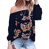 ZXZY Women Embroidered Off Shoulder Long Sleeve Bohemian Floral Blouse Top Tshirt
