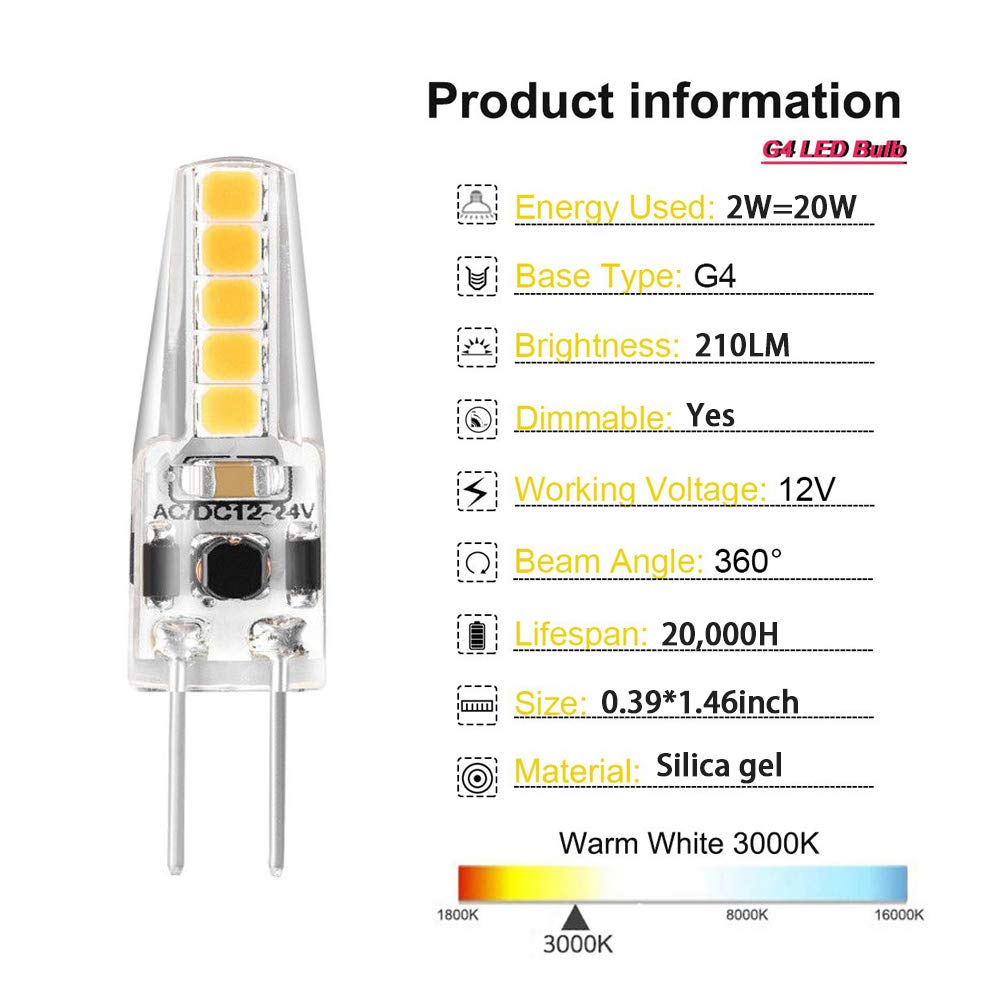 Dimmable G4 Bulb Mini 2 Watt G4 Bipin LED Bulb Equivalent to G4